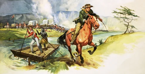 Unidentified Cowboy Riding Away from River with English Soldiers Under Attack