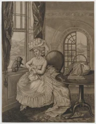 Untitled (woman sitting at a window regarding a small dog), c.1780