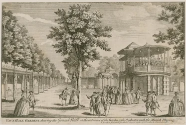 Vauxhall Gardens, London, showing the Grand Walk at the entrance and The Orchestra with music playing