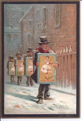 Victorian Christmas Card of Four Men Walking in the Snow Carrying Boards Advertising a Pantomime, c.1880