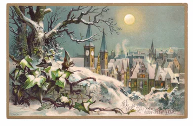 Victorian New Year Card of a Church and Houses on a Snowy Moonlit Night, c.1880