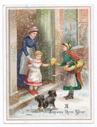 Victorian New Year Card of a Maid Holding on to a Little Girl as She Buys Flowers from a Flower Seller in the Falling Snow, c.1880