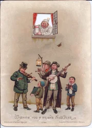 Victorian New Year Card of a Man in a Nightgown Preparing to Pour a Jug of Water on Some Street Musicians Below, c.1880