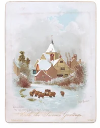 Victorian Greeting Card of Sheep Wandering Near a Church in the Snow, c.1880