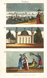 View of Constantinople (Istanbul) in the Early 19th Century, Muslim Mosque with Dome and Minarets, and Young Greek Women Kissing Each Other on the Eyes