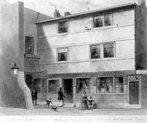 View of Old Thatched House, Exchange Court, 1853