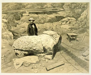 View of a colossal lion on its side, with Newton behind, from A History of Discoveries at Helicarnassus, Cnidus, & Branchidae, by Charles Thomas Newton, published 1862