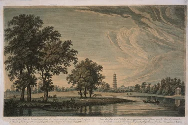 View of the lake and island at the Royal Botanic Gardens Kew