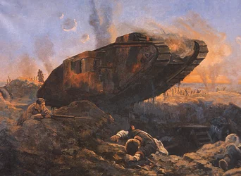 WWI British Tank in Action on the Western Front
