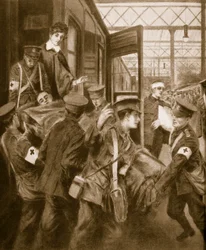War wounded arriving at a London train terminus