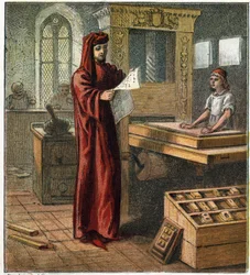 William Caxton (1422-1491), first English printer, in his workshop with a printing press. William Caxton, the first English printer