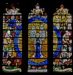 Window depicting the north transept window: the Assumption of the Virgin and other scenes