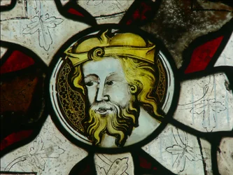 Window depicting a head of a bishop