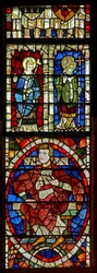 Window depicting a genealogical figure and two saints