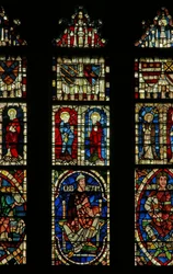 Window depicting genealogical figures including Obed
