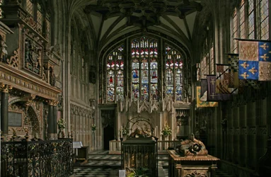 Window depicting the east window of the Beauchamp Chapel