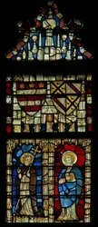 Window depicting two saints and heraldic shields