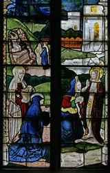 Window s3 depicting a Resurrection scene: the Holy Women at the Tomb