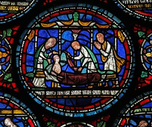 Window 6 depicting a scene from a St Thomas Becket Miracle window: Cicely of Plumstead sits up on her bier