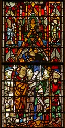 Window w26 depicting St Nicholas pleads with the Emperor