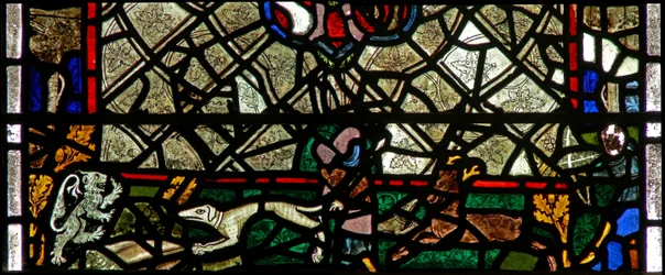 Window w40 depicting a border panel with stag chasing
