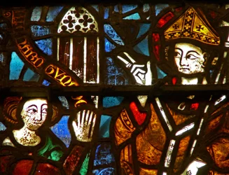 Window w41 depicting a donor - Richard Tunnoc giving a window to St William