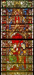 Window w42 depicting a scene from the life of St Catherine: she pleads with the Emperor