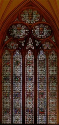 Window depicting the Chapter House east window: Childhood of Christ: Death of the Virgin