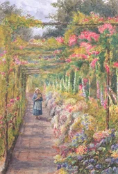 Young Girl Walking under a Rose Pergola