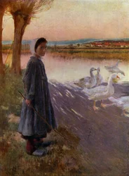 Young Girl Tending a Flock of Geese