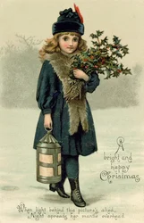 Young girl with Holly and Lantern, postcard
