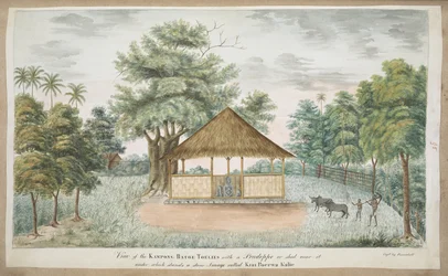 The statue of Kiay Poerwakali in a thatched shed outside the village of Batu Tulis (W. Java)