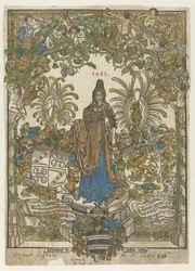 Frontispiece with Woman on Pedestal with Arms of Bernhard von Breydenbach and Johannes Comes in Frame