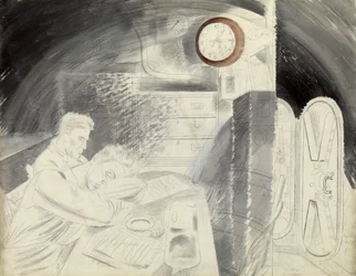The cabin of the senior officers of a submarine. Pencil series by Eric Ravilious, embarked on a submarine during the Second World War