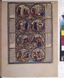 Full page: eight medallions enclosing miniatures and accompanied by text
