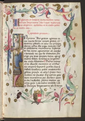 Full page: text, initial, and vines with the arms of Friedrich III below