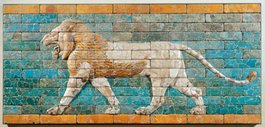 Lion Facing Left. Babylon, Mesopotamia, Period of Nebuchadnezzar II. Glazed Terracotta Brick Relief