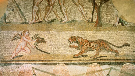 Putto and tiger. Mosaic from the Villa Hermes, Aquincum, Hungary