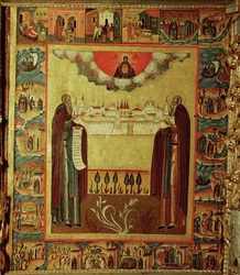 Saint Sosima and Saint Sawati Holding a Model of Solowski Monastery (Icon)