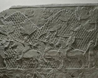 The Assyrian army of King Ashurbanipal in battle during the campaign against Elam