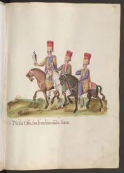 The Court of a Pasha and Sultan: Three Squires on Horseback, Two with Falcons