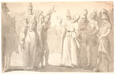 Figurative Scene with a Holy, Horned Man Among Roman Soldiers
