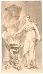 Woman in Classical Dress Offering Flowers in a Sacrificial Bowl with Fire