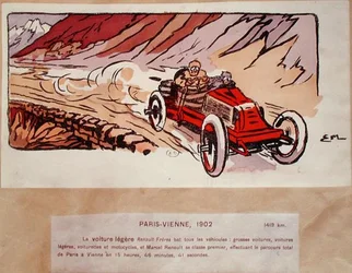 Marcel Renault in his Renault Freres competing in the Paris-Vienna rally in 1902, c.1910