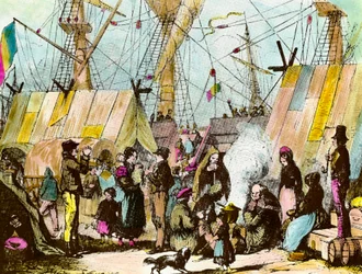 Families of emigrants camped at the port of Le Havre. Engraving by Ernest Charton (1813-1905)