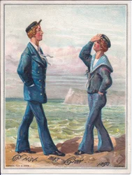 A Victorian Christmas Card of Two Sailors Walking by the Ocean