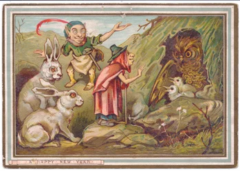 Old Woman Greeting an Owl Looked on by a Dwarf and Two Rabbits, c.1880