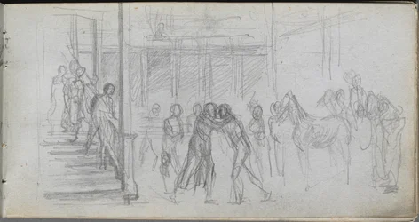 Sketchbook, page 62: Figure Study, Stairway, Horse