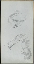 Sketchbook, page 70: Study of Two Faces and a Hand