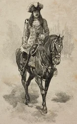 Count of Turin Vittorio Emanuele of Savoy in costume of Vittorio Amedeo II of Savoy at Villa Borghese Tournament for silver wedding of Umberto I and Margherita of Savoy, Rome, Italy